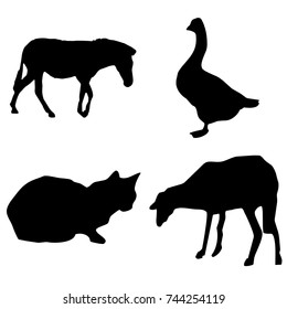 black silhouette farm animals vector set - horse, goose, sheep, cat