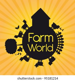 black silhouette farm world over yellow background. vector illustration