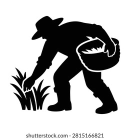 A black silhouette of a farmer in a hat and boots is picking grasslike plants and carrying a basket