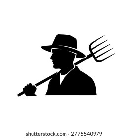 A black silhouette of a farmer wearing a hat and carrying a pitchfork on a white background.