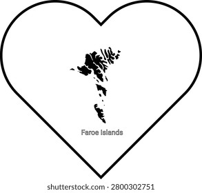 A black silhouette of the Faroe Islands map is centrally placed within a large, outlined heart shape.