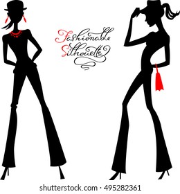 Black silhouette of fashion girls top models in hats and pants with calligraphic inscription