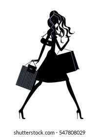 Black silhouette of fashion young woman walking with the shopping bags. vector illustration