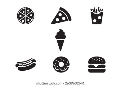 Black Silhouette Fast Food Icons Set – Pizza, Burger, Donut, Ice Cream, and Fries Vector