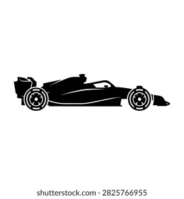 Black silhouette of a fast racing car on white background with sleek design and dynamic shape