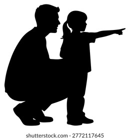 A black silhouette of a father crouching down next to his daughter, who is pointing forward.