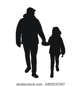 Black silhouette of father and daughter walking, isolated vector
