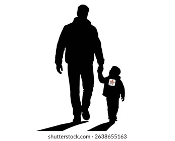 A black silhouette of a father and his son. father holding son's hand on white background, silhouette of a couple walking