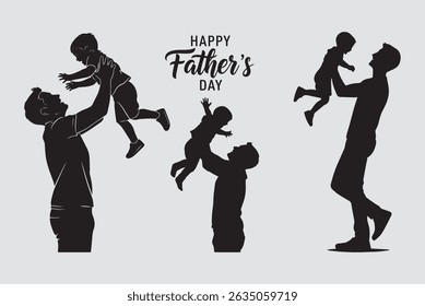 Black silhouette of father lifting son with stylized 'Happy Father's Day' text, minimal and emotional design on white background
