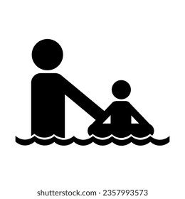 Black silhouette of father teaching child to swim on lifebuoy isolated on white. Summer activities cartoon illustration. Summer, beach holidays concept. Simple black and white vector