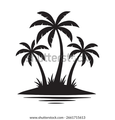 A black silhouette features three palm trees on a small island, with their reflections visible in the surrounding water.
