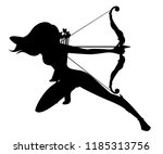 Black silhouette. Female archer. Wooden quiver. Medieval and fantasy weapon. Flat vector illustration isolated on white background.