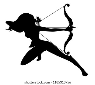 Black silhouette. Female archer. Wooden quiver. Medieval and fantasy weapon. Flat vector illustration isolated on white background.
