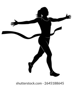 Black silhouette of a female athlete crossing a finish line with arms outstretched. The image is a vector graphic set against a white background. Simple style.