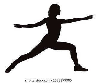 Silhueta preta de uma atleta feminina realizando um exercício de alongamento dinâmico, mostrando flexibilidade e força