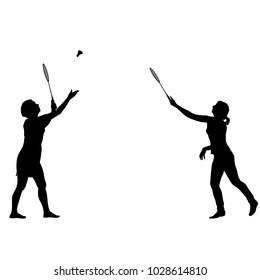 Black silhouette of female badminton player on white background.