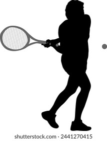 Black silhouette of female badminton player on white background.