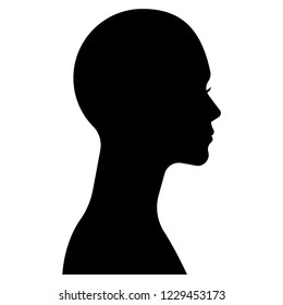 Black silhouette of female bald head. Side view. Template for hair design, hairstyles, wigs or hats.