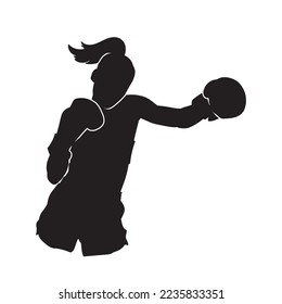 Black silhouette of female boxer fighter. On white.