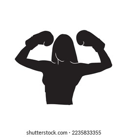 Black silhouette of female boxer fighter. On white.