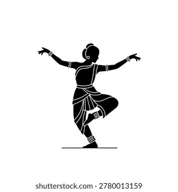 A black silhouette of a female dancer performing Bharatanatyam, a classical Indian dance form, against a white background.