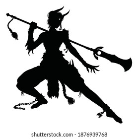 the black silhouette of a female demon martial artist, she is in a low fighting stance with a huge double-edged halberd similar to a weyer, her legs in broken chains, horns on her head. 2d 