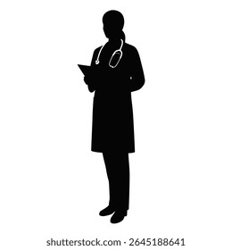 Black silhouette of a female doctor holding a clipboard and wearing a stethoscope against a white background The image is a vector illustration with a simple style.