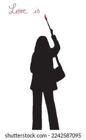 black silhouette of female figure writes love with red color