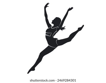 Black silhouette of a female gymnast doing a split in mid-air isolated on white background. Ballerina or woman rhythmic gymnastic dancer at a sport competition, championship. Clip art design element