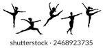 Black silhouette of a female gymnasts doing a split in mid-air isolated on white background. Ballerinas or women rhythmic gymnastic dancer at a sport competition, championship. Clip art design element