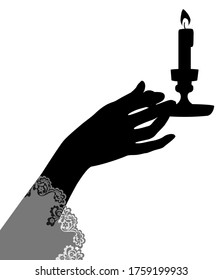 Black silhouette of female hand holding a candlestick with burning candle. Vector illustration