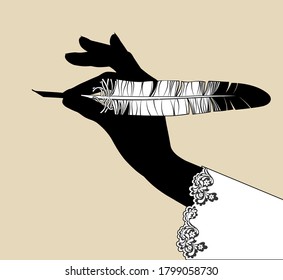 Black silhouette of female hand holding a feather pen. Retro design element. Vintage engraving stylized drawing. Vector illustration