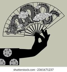 Black silhouette of female hand holding an open chinese fan with flying dragon among the clouds. Flat design and line drawing. Vector illustration