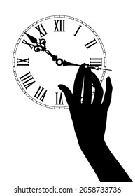 Black silhouette of female hand moves the hour hands on the dial of an antique watch. Vector Illustration