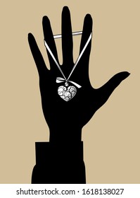 Black silhouette of female hand palm holding a heart decorative medallion on the ribbon. Vector Illustration