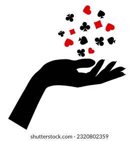 Black silhouette of a female hand palm up with flying symbols of playing card suits isolated on white. Vector illustration 