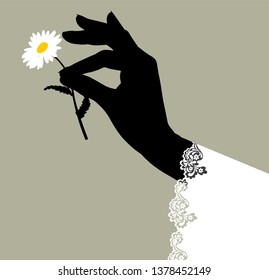 Black silhouette of female hand with a white decorative sleeve give a chamomile flower. Retro style greeting card design. Vector illustration