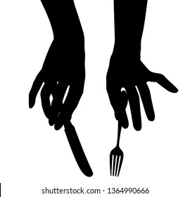Black silhouette of female hands with a knife and a fork isolated on white. Vintage engraving stylized drawing. Vector illustration
