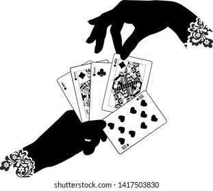 Black silhouette of female hands laying out the playing cards. Vector illustration 