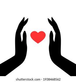 Black silhouette of a female hands and red heart on a white background. Template for design. Vector isolated illustration.