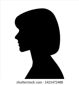 Black silhouette of a female head. The flat shape of the woman face. Design template.