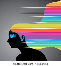 black silhouette of a female head with rainbow hair