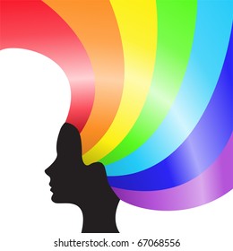 black silhouette of a female head with rainbow hair