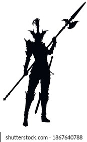 Black silhouette of a female knight in full plate armor, holding a halberd, a long sword on her belt, she stands ready for battle in a helmet with a tail. 2D illustration