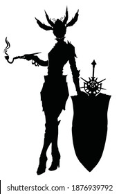 Black silhouette of a female knight who gracefully leans on a shield with a sword embedded in it, she has wings on her head, she smokes a pipe 2d illustration.