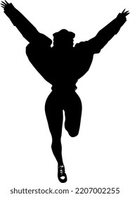 Black silhouette of a female with long curly hair  and casual clothing jumping happily