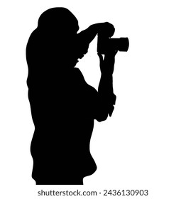 a black silhouette of a female photographer taking photos on a white background