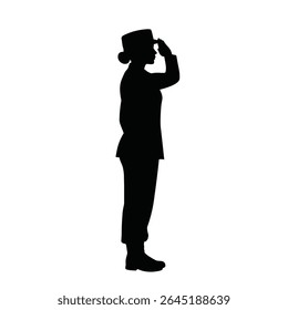A black silhouette of a female soldier in uniform saluting against a white background The vector illustration shows a profile view of the woman from the side.