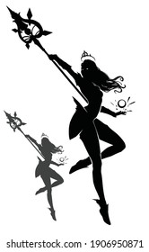 A black silhouette of a female sorceress floating in the air gracefully swinging her patterned staff, she holds a sphere of magic in her other hand, her hair flying in the wind. 2d illustration