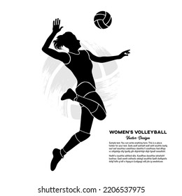 Black silhouette Female volleyball player jumping to hit the ball. Vector illustration